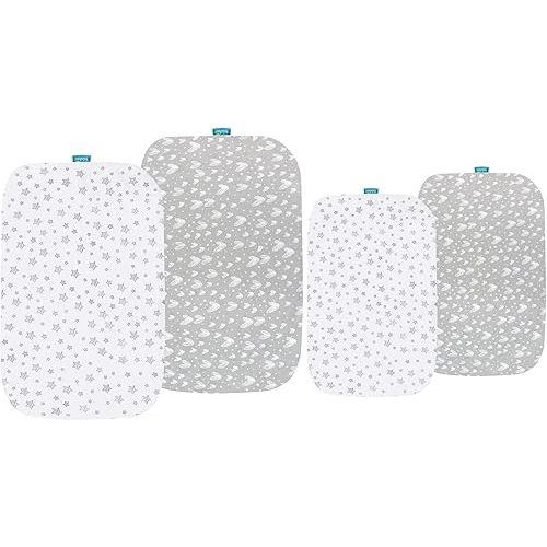 Cotton Sheets for 4moms Breeze Plus Portable Playard and Bassinet, Breathable and Heavenly Soft, Grey Hearts and White Stars Print for Baby