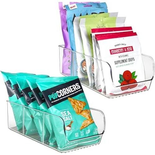 ELTOW 2 Pack Snack Organizer for Pantry, 3 Compartment Plastic Pantry Organizer Bins with Removable Dividers, Chip Organizer for Pantry, Food Packets, Spices, Condiments, Fridge, Cabinet, Kitchen