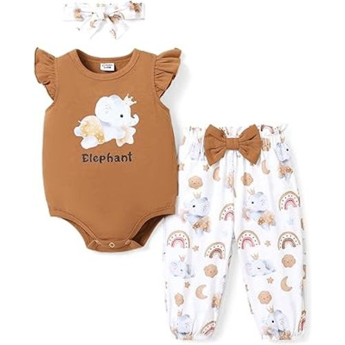 PATPAT Baby Girl's Clothes Set Summer Outfit Infant Short Sleeve Romper and Bow Pants with Headband 3 Piece Set 0-18M