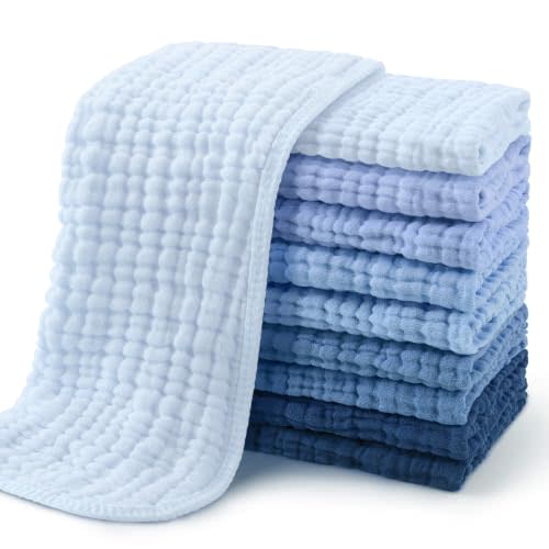 Yoofoss Muslin Burp Cloths for Baby 10 Pack 100% Cotton Baby Washcloths for Boys Girls Large 20''X10'' Super Soft and Absorbent Progressive Blue