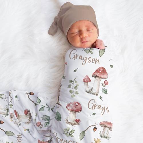 Personalized Mushroom Swaddle Blanket Woodland Name Baby Blanket Newborn Baby Boy Coming Home Outfit Hospital Photo Outfit Baby Shower Gift