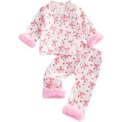 MAINESAKA Toddler Girl Button Down Pajamas Set Cute Bow Print Feather Trim Long Sleeve Sleep Shirt + Pants Set Girls Fall Pjs