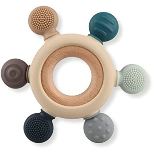 Baby Teething Toys, Silicone Chewable Rings with Organic Wooden, Natural Wooden Ring & Silicone Teething Toys for Newborn, 3+ Months (6 Directions, Gray)