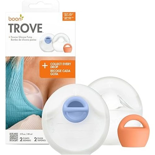 Boon Trove Silicone Manual Breast Pump Set - Hands Free Breast Milk Collector - Includes Canvas Travel Pouch - Breastfeeding Essentials - 2 Count