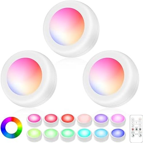LED Puck Lights with Remote Control, Wireless Under Cabinet Lighting,Color Changing Lights with Dimmer and Timer, AAA Battery Operated Powered Push Night Lights (3 Pack White)