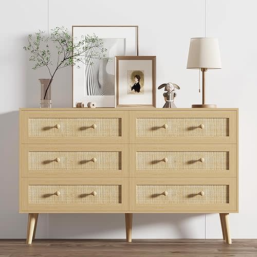 Dresser for Bedroom with 6 Drawer, Natural Rattan Chest of Dressers, Wide Wood Double Dresser, Wooden TV Stand Closet Storage Furniture, Boho Small Clothes Organizer for Hallway, Living Room, Entryway