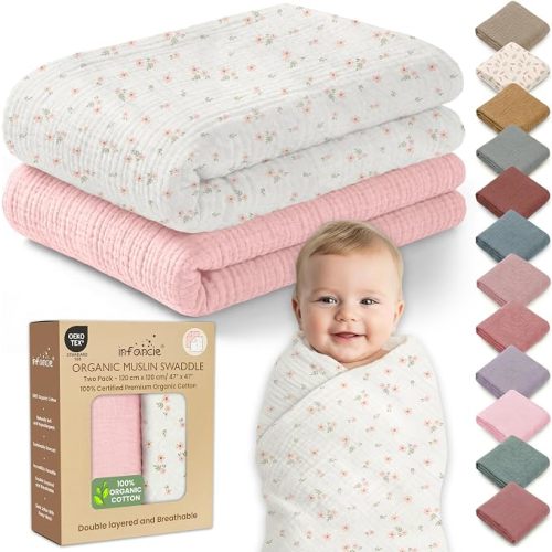 Organic Muslin Baby Blanket 2-Pack Blush & Ivory Floral, 38 x 40 Inch, 100% Organic Cotton Oeko-TEX Certified Hypoallergenic Swaddle Blanket for Newborn Boy, Baby Boy Shower Gift