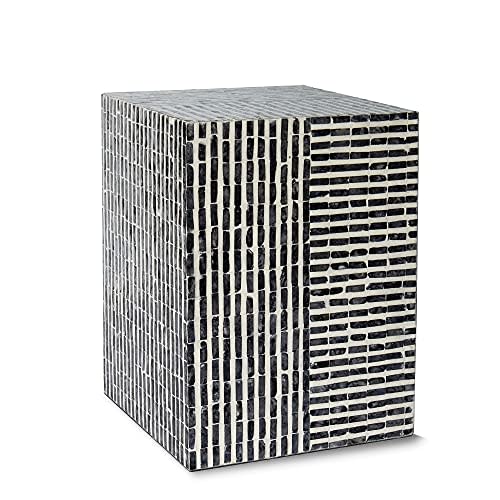 PEMAR Capiz Shell Square Drum End Table Side Accent Table Contemporary Mosaic Deco Patio Coffee Boho Décor Modern Nightstand & Vanity Stool (Dark Grey & White Stripes)