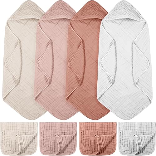 8 Pcs Baby Muslin Hooded Bath Towels and Washcloths, 32 x 32 Inch Muslin Cotton Hooded Baby Towels Absorbent Hooded Blankets for Gift Newborn Infant Baby Shower (Pink,White)