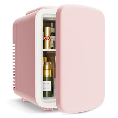 EUHOMY Mini Fridge, 4 Liter/6 Cans Small Refrigerator, Portable Cooler and Warmer for Skin Care, Cosmetics, Beverage, 4L Makeup Mini Fridge for Bedroom, Car, Office, Pink