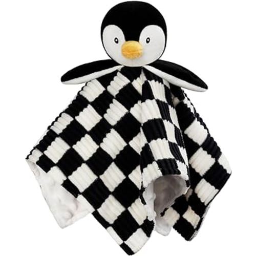 BEILIMU Baby Lovey Blanket for Boys Girls Super Soft Checkerboard Gingham with Minky Dot Fabric Backing Penguin Stuffed Animal Lovely Snuggle Toy Black 14Inch