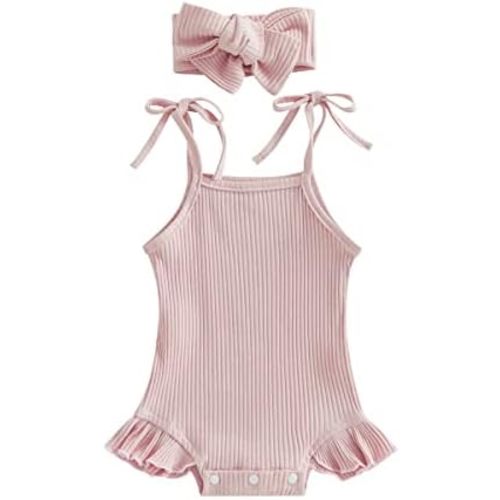 YINGISFITM Newborn Baby Girl Outfit Ribbed Knit Romper Spaghetti Straps Onesie Ruffle Baby Bodysuits and Headband