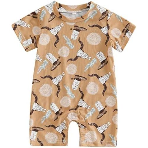 Gueuusu Country Baby Clothes Boy Girl Western Cow Print Short Sleeve Romper Bodysuit Ribbed One Piece Jumpsuit Summer Outfit