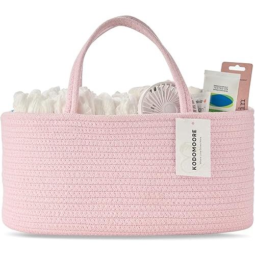 Diaper Caddy Organizer, Baby Storage Basket, Nursery Bin and Car Organizer for Diapers, Gift Basket for Baby Shower List or Newborn Essentials, Boys and Girls - Pink