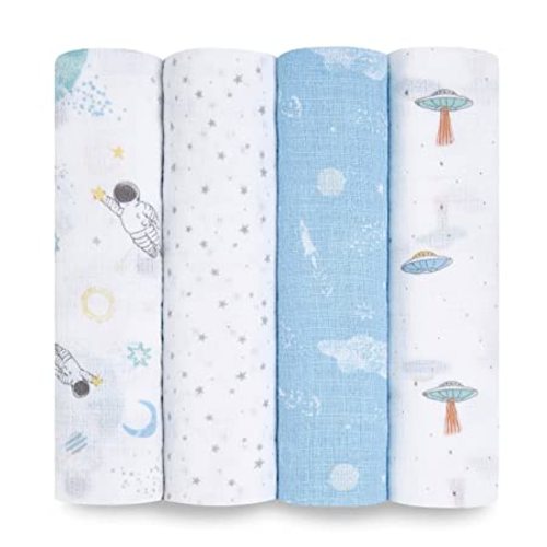 aden + anais Essentials Swaddle Blanket, Boutique Muslin Blankets for Girls & Boys, Baby Receiving Swaddles, Ideal Newborn & Infant Swaddling Set, Perfect Shower Gifts, 4 Pack, Space Explorers