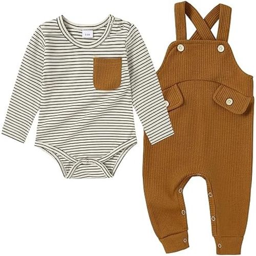 CARETOO Newborn Baby Boy Clothes Infant Boy Romper Fall Winter Outfits Bodysuit 2Pcs Striped Long Sleeve Top Overalls 0-18M