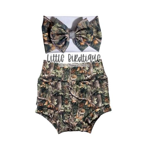 Camouflage Leaves and Limbs Real Camo Bow on Nylon, Clip, Piggies, Headwrap, Top Knot, Messy Wrap, Rose Knot, Bummies, or Bells