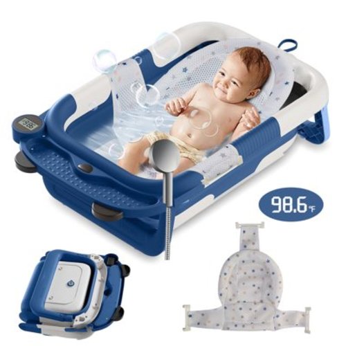 Foldable Baby Bathtub Portable Infant Baby Bath Tub with Thermometer and Shower Hole(Blue+ Net)