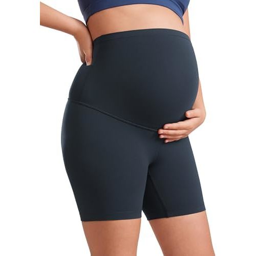 CRZ YOGA Womens Butterluxe Maternity Biker Shorts Over The Belly 6" - Pregnancy Yoga Workout Activewear
