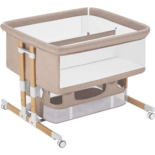HARPPA 3 in 1 Baby Bassinet Bedside Sleeper, Five-Position Adjustable Bedside Crib with Storage for Newborns, Portable Bassinet with Anchor Strap (Wood Grain-Twins, Khaki)