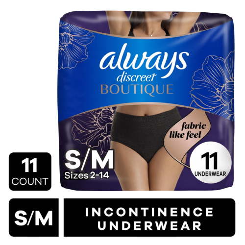 Always Discreet Boutique Incontinence and Postpartum Underwear for Women, Maximum Protection, S/M, Black, 11 Count HSA/FSA Eligible