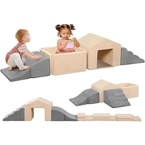 Foam Climbing Toys for Toddlers, 6PCS Climb and Crawl Activity Playset, Soft Foam Climbing Blocks Indoor, Toddler Play Climbing and Ball Pit with Slide Stairs and Ramp