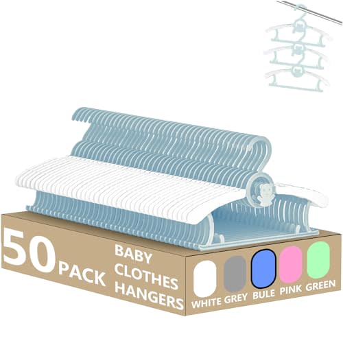 HGYZE Kid Hangers for Closet 50pcs, Blue Infant Clothes Hanger 11-14" Adjustable Plastic Baby Coat Hangers with Bear Hook, Non-Slip Children Outfit Hangers for Boy Toddler Newborn Teen Clothing