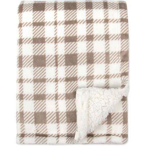 Jessica Simpson Luxury Velour Plush Printed Baby Blanket for Newborns, Infants and Toddlers (Plaid Taupe)