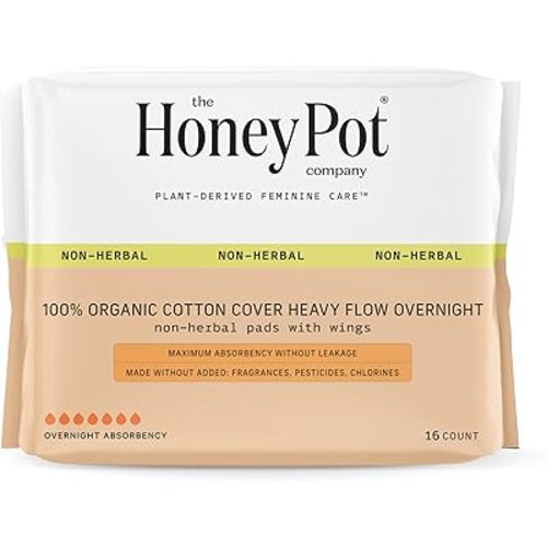 The Honey Pot Company - Pads for Women - Non-Herbal Heavy Flow Overnight Pads w/Wings - Organic Cotton Cover, & Ultra-Absorbent Pulp Core - Sanitary Pads - Feminine Care - FSA & HSA Eligible - 16 ct