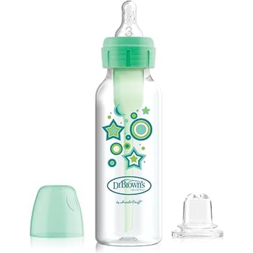 Dr. Brown's Anti-Colic Options+ Narrow Sippy Bottle Starter Kit, 8oz/250mL, with Level 3 Medium-Fast Flow Nipple and Soft 100% Silicone Sippy Spout, Green, BPA Free, 6m+
