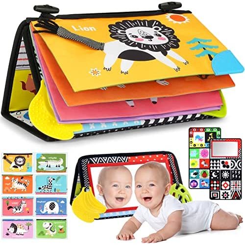 Tummy Time Mirror Baby Toys with Cloth Book and Teethers,Montessori Newborn Infant Sensory Crawling Toys ,High Contrast Black and White Baby Toys for Boys Girls 0 3 6 9 12 Months