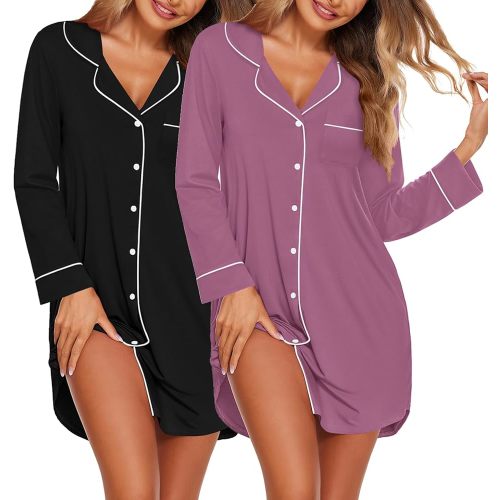 Ekouaer 2 Pack Nightgowns for Women Long Sleeve Night Shirt Button Down Sleep Shirt V-Neck Sleep Dress Pajama Sleepwear