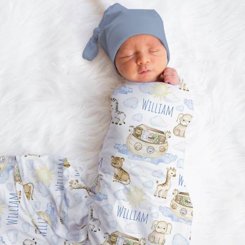 Personalized Noah's Ark Swaddle Blanket Safari Name Baby Blanket Newborn Baby Boy Coming Home Outfit Hospital Photo Outfit Baby Shower Gift