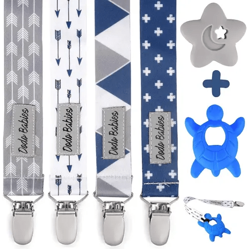 Dodo Babies Pacifier Clip & Teether Toy Set – Four Clips Plus Two Silicone Teether Toys – Universal Holder Fits Most Paci Brands – Fun Blue and Gray Prints for Girls or Boys - Pacifier Holder