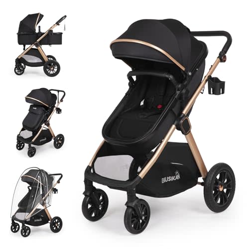 6-in-1 Convertible Baby Stroller with Bassinet Mode - Toddler Stroller w/Footmuff, Rain Cover, Cup Holder & Large Storage, Newborn Stroller w/All-Scene Large Wheels, Reversible Seat(Black)