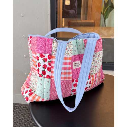 Strawberry Quilted Patchwork Tote Bag – Large Quilted Pastel Gingham Bag, Cottagecore Tote, Coquette Style, Handmade Gift for Her