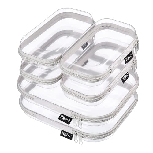 6 Pack Gray Clear Hard Shell Beauty Organizer (2M+4S), 1.2mm Heavy Duty Crush-Proof Cosmetic Case, Reinforced YKK Zippers, Stadium Approved Security Bag for Skincare & Electronics, Multi-Size Set