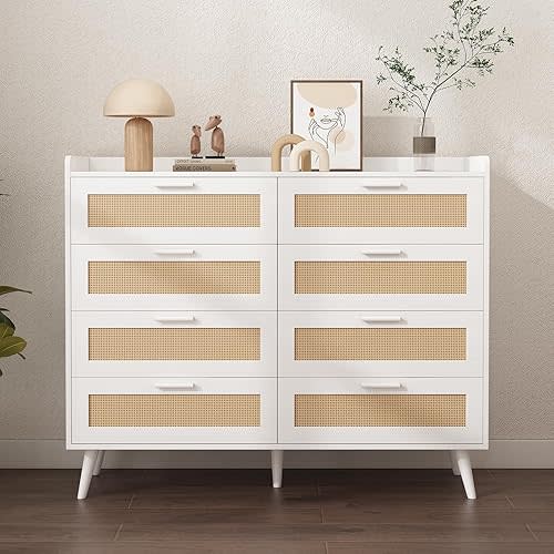 8 Drawer with Power Outlets, Rattan Chest of Dressers for Bedroom, Wooden Dresser for Bedroom,Living Room,Hallway (White)