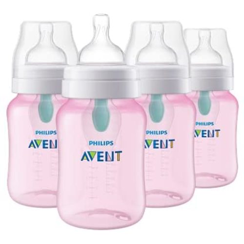 Philips Avent Anti-Colic Baby Bottles with AirFree Vent, 9oz, Pink, Pack of 4, SCY703/14