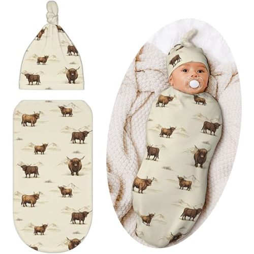 Highland Cow Swaddle Blanket, Unisex Baby Stuff, Soft Sleeping Bag Sack, Retro Cow Baby Items Stuff