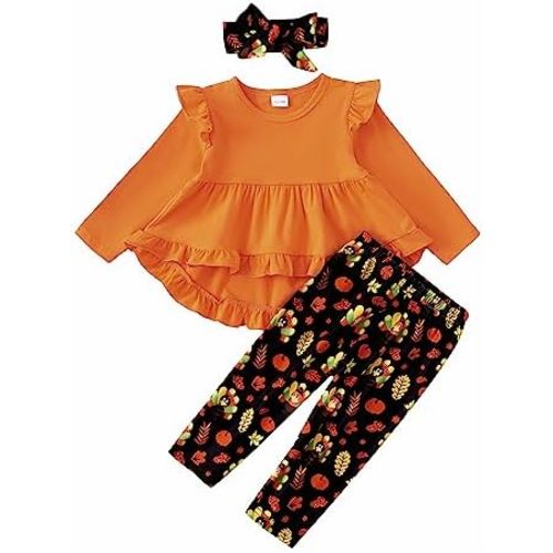 Kucnuzki Baby Girl Clothes Toddler Girl Outfit Ruffle Sleeve Shirt Floral Pant Set Fall Winter Clothing for Girl