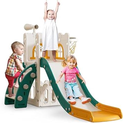 Toddler Slide for Kids with Climber Basketball Hoop, Storage Space, Telescope Kids Indoor Slide Baby Slide for Outdoor Play Upgraded Toddler Indoor Playground with Wider and Longer Slideway Upgraded