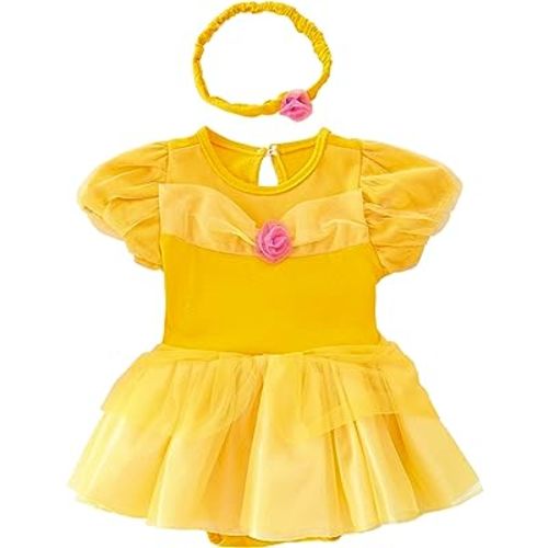 Dressy Daisy Infant Baby Girl Princess Romper Costume Onesie Fancy Dress Bodysuit Halloween Birthday Outfit with Headband