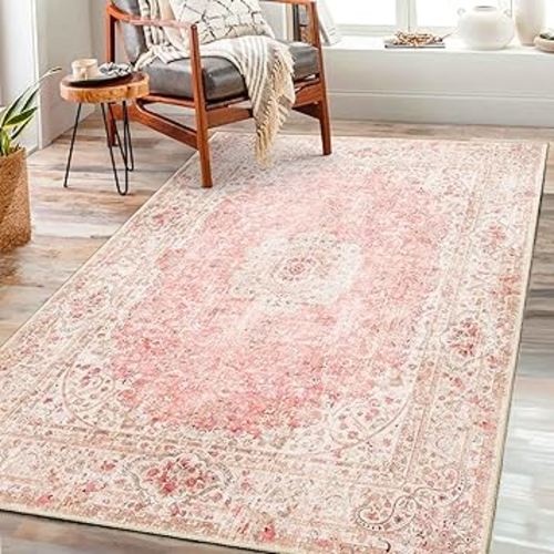 Pink Rug 3x5,Washable Area Rugs for Bedroom Living Room Kitchen Entryway,Small Boho Vintage Bohemian Distressed Non Slip Carpet,Blush