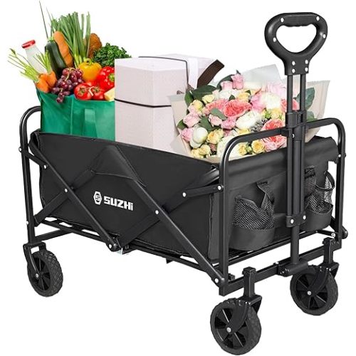 SUZHI Small Foldable Wagon, Wagon Cart with Wheels Collapsible for Apartment, Garden, Grocery, Fold Up Wagons Lightweight Black (8 colors optional)