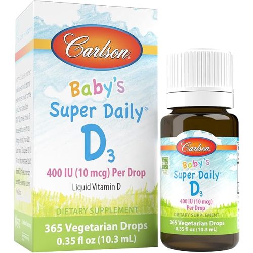 Carlson - Baby's Super Daily D3, Baby Vitamin D Drops, 400 IU (10 mcg) per Drop, 1-Year Supply, Vegetarian, Liquid Vitamin D Drops for Infants and Toddlers, Unflavored, 365 Drops