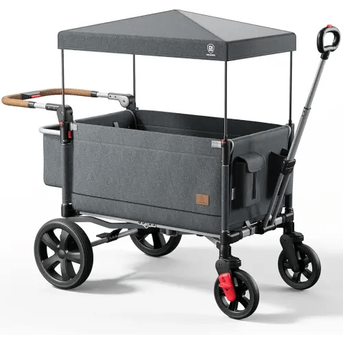 EVER ADVANCED Side-unzip Wagon Stroller for 2 Kids, Push Pull Stroller with Adjustable Handle, Easy Access Front Zipper Door, 5-Point Harness Removable UV-Protection Canopy Shock-Absorbing Wheels,Grey