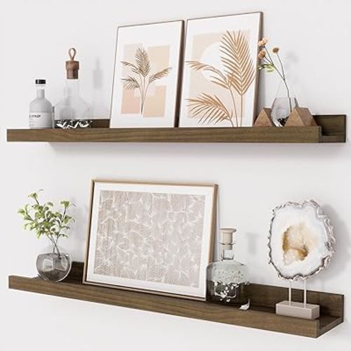 Picture Ledge Shelf, Pine Wood Floating Shelves Set of 2, 24 inch Nursery Book Shelves, Photo Ledge Book Shelves Wall Mounted for Living Room Kids' Room Bedroom - Light Brown