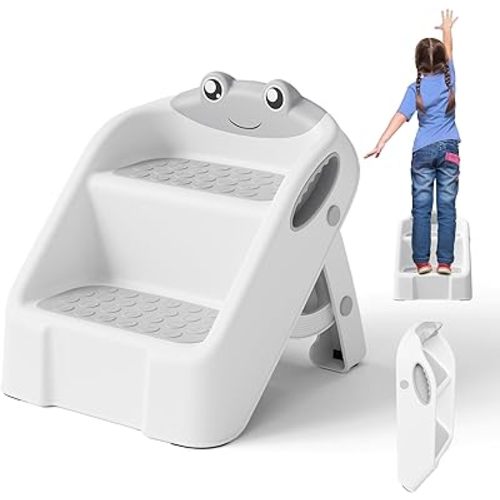 Toddler Step Stool, Easy to Fold Step Stool for Toddlers with Non-Slip Surface & Alphabet Patterns, Lightweight & Cute Kids Step Stool for Potty Training, Bathroom Sink, and Bedroom, Gray