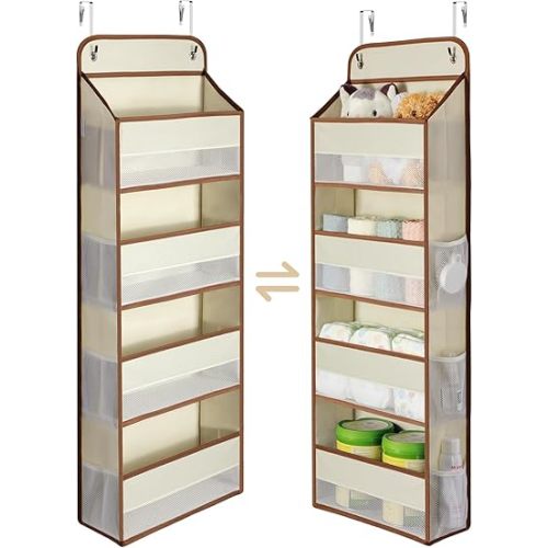 Yecaye 1 Pack Over the Door Storage Organizer, 35.2lbs Load Closet Door Organizer Hanging, No Sagging Bathroom Organizer with 4 Bins 6 Side Pockets, Door Storage for Nursery Baby Essentials, Beige